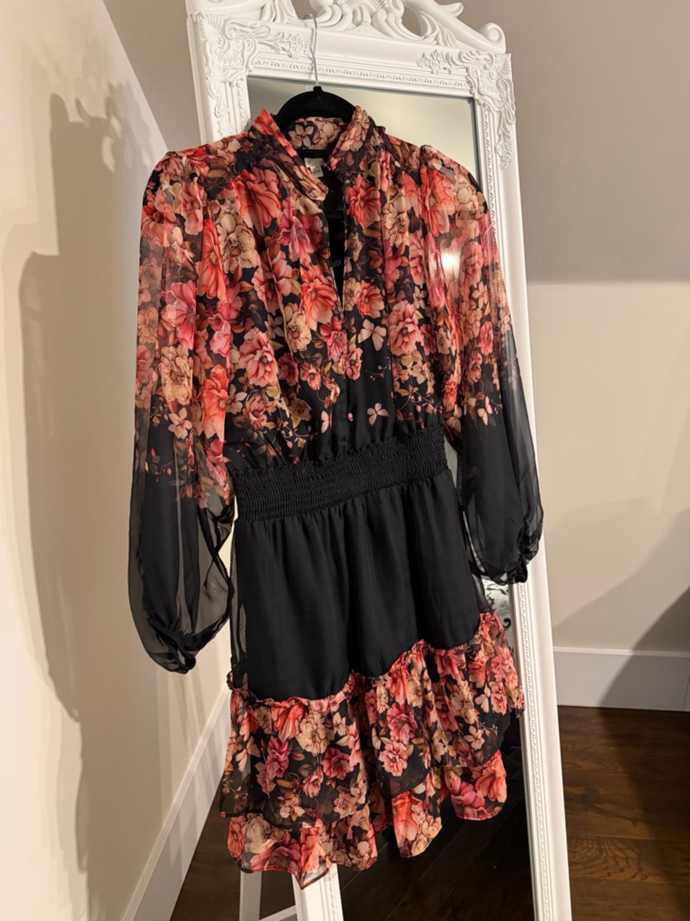 Floral Black & Coral Tiered Long-Sleeve Dress